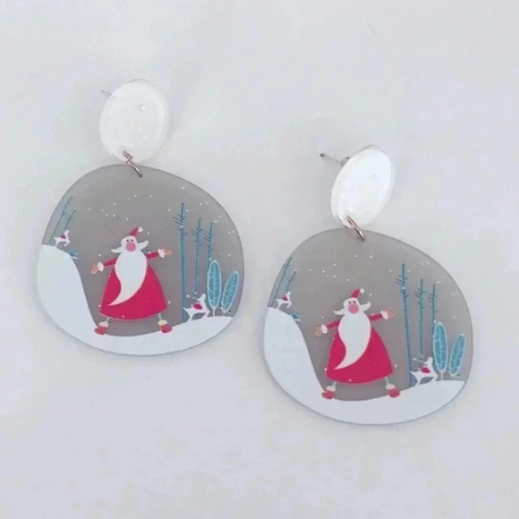 Large Lucite Santa Clause Snowscape Drop Art Earrings NWT - Picture 3 of 4